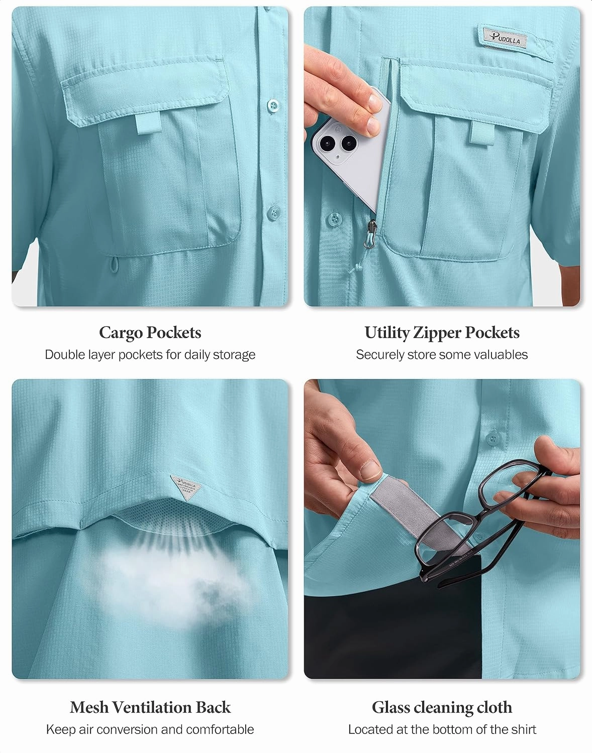 Pudolla Men's Fishing Shirts with Short Sleeves, Summer Travel Work Shirts, Button Down with UPF50  and Zipper Pockets