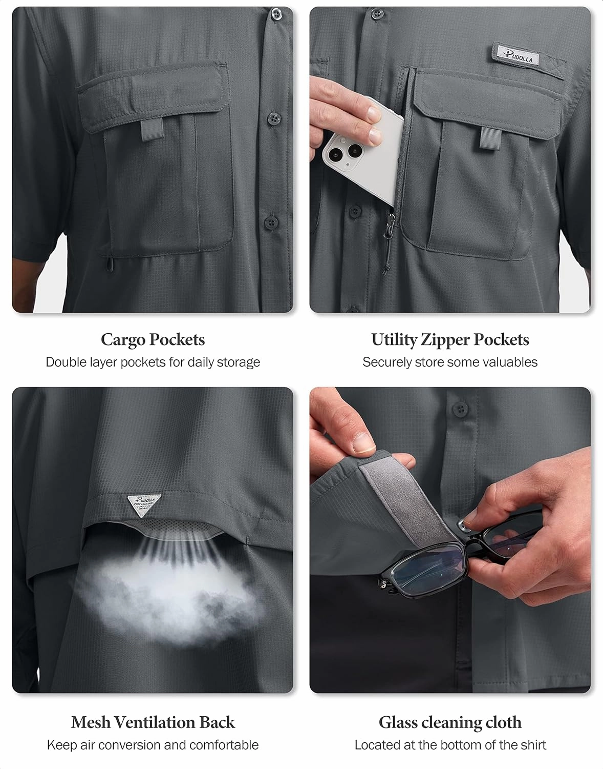 Pudolla Men's Fishing Shirts with Short Sleeves, Summer Travel Work Shirts, Button Down with UPF50  and Zipper Pockets