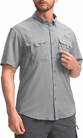 Pudolla Men's Fishing Shirts with Short Sleeves, Summer Travel Work Shirts, Button Down with UPF50  and Zipper Pockets