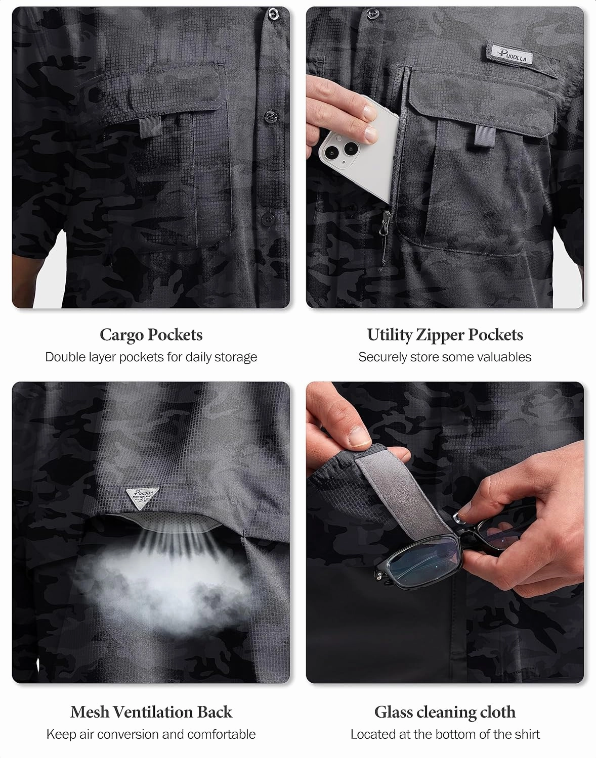 Pudolla Men's Fishing Shirts with Short Sleeves, Summer Travel Work Shirts, Button Down with UPF50  and Zipper Pockets