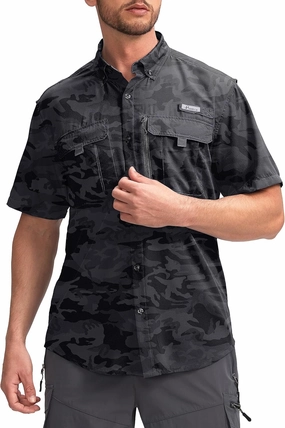 Pudolla Men's Fishing Shirts with Short Sleeves, Summer Travel Work Shirts, Button Down with UPF50  and Zipper Pockets