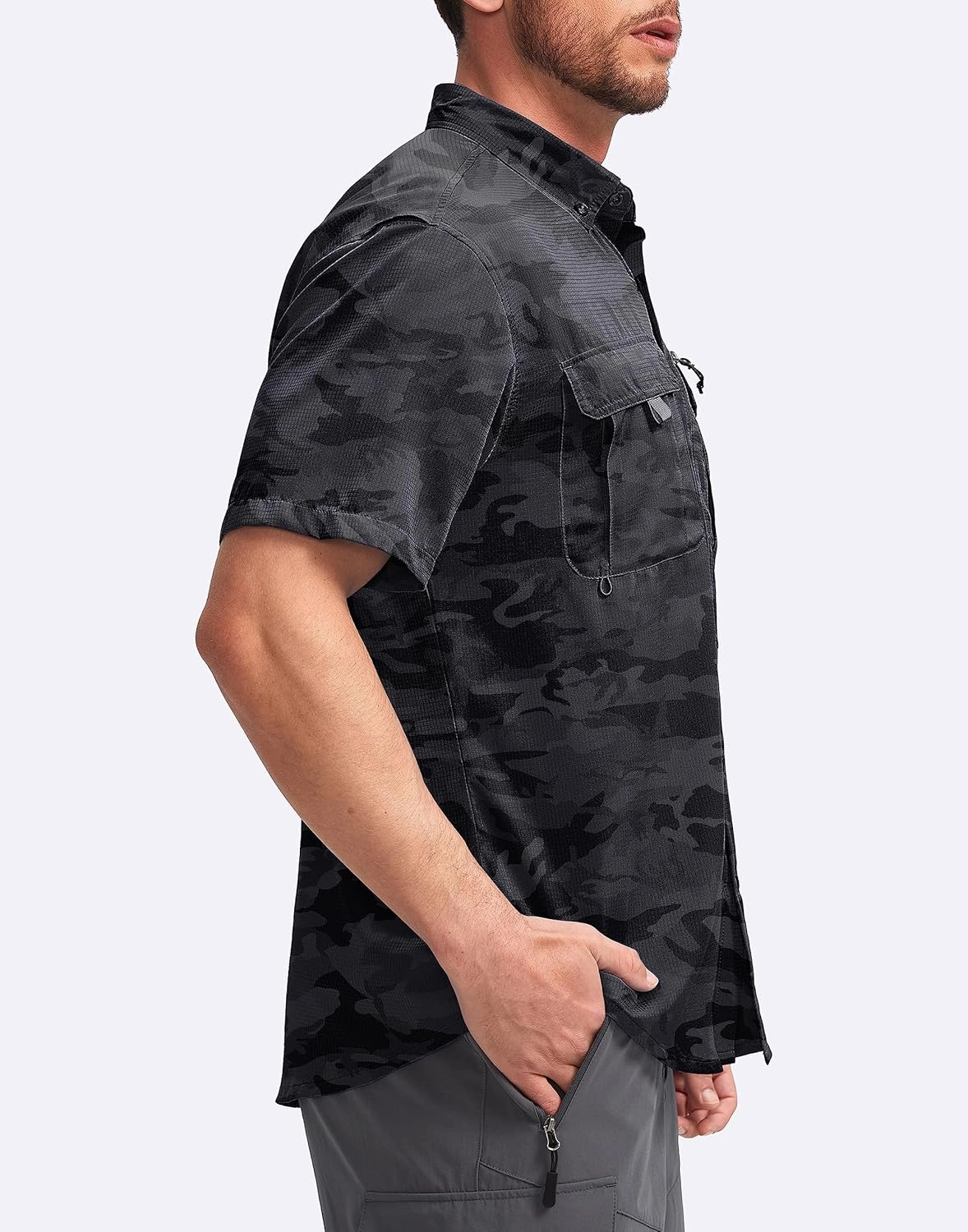 Pudolla Men's Fishing Shirts with Short Sleeves, Summer Travel Work Shirts, Button Down with UPF50  and Zipper Pockets