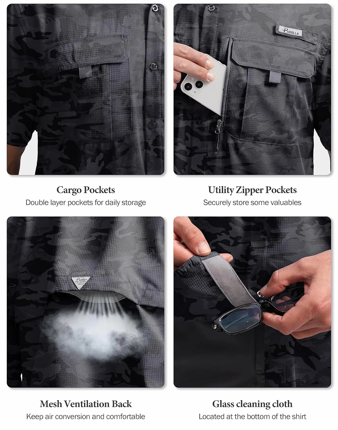 Pudolla Men's Fishing Shirts with Short Sleeves, Summer Travel Work Shirts, Button Down with UPF50  and Zipper Pockets