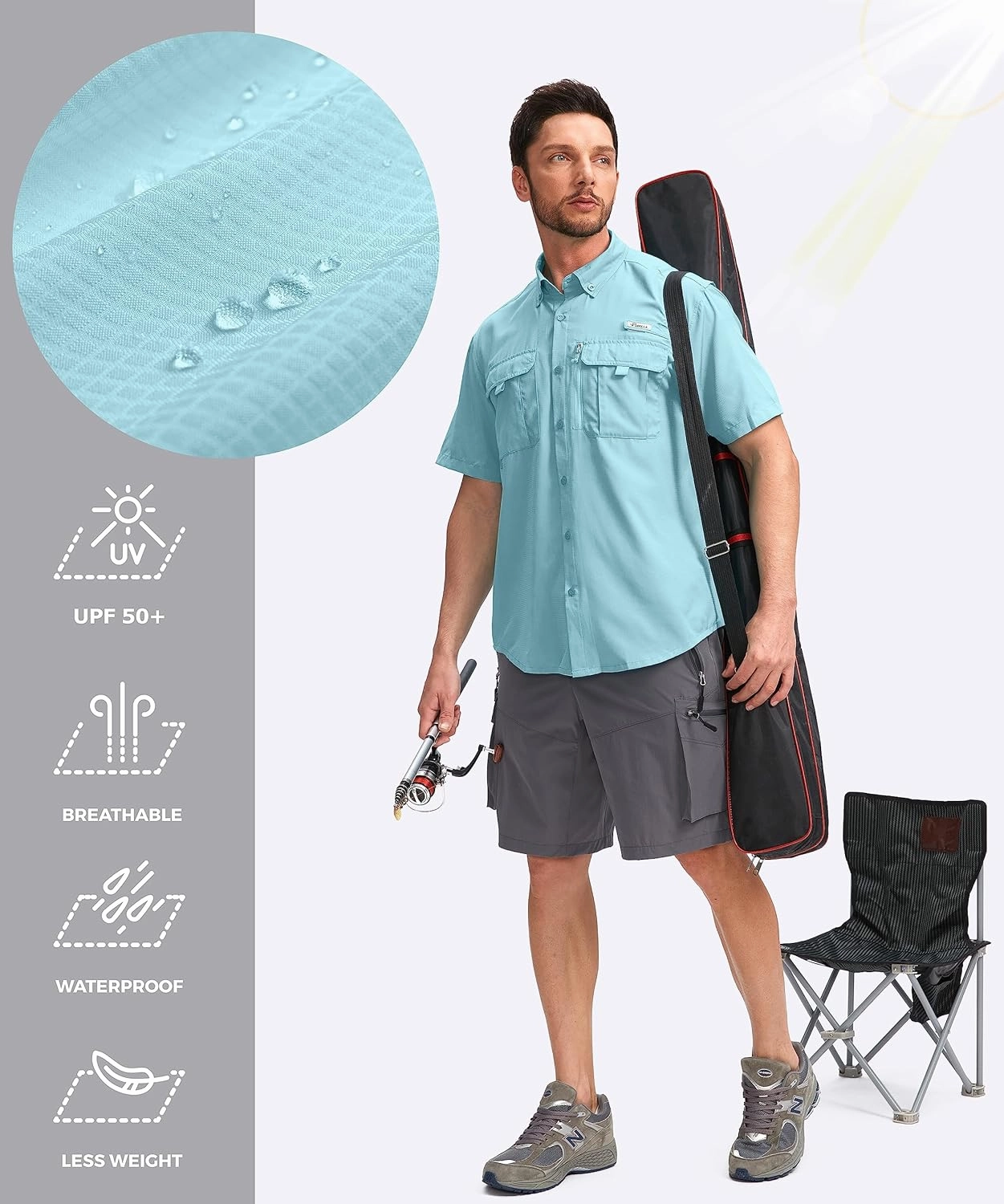 Pudolla Men's Fishing Shirts with Short Sleeves, Summer Travel Work Shirts, Button Down with UPF50  and Zipper Pockets