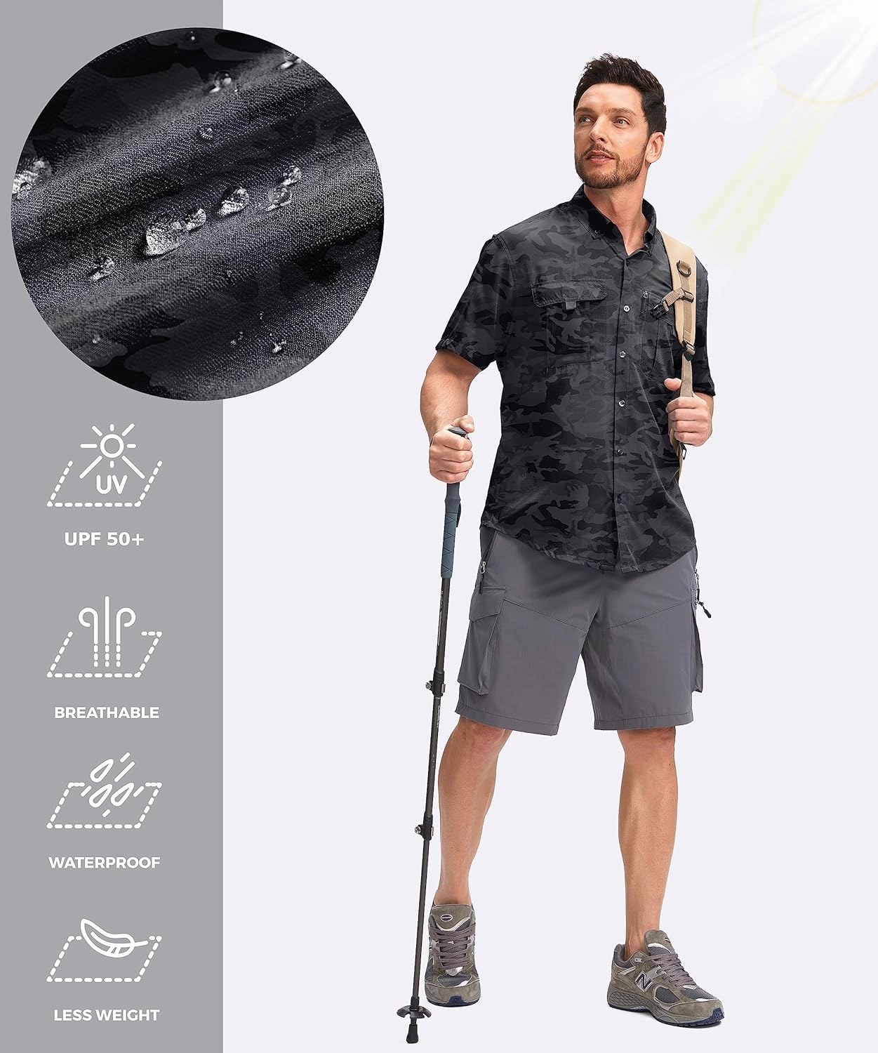 Pudolla Men's Fishing Shirts with Short Sleeves, Summer Travel Work Shirts, Button Down with UPF50  and Zipper Pockets