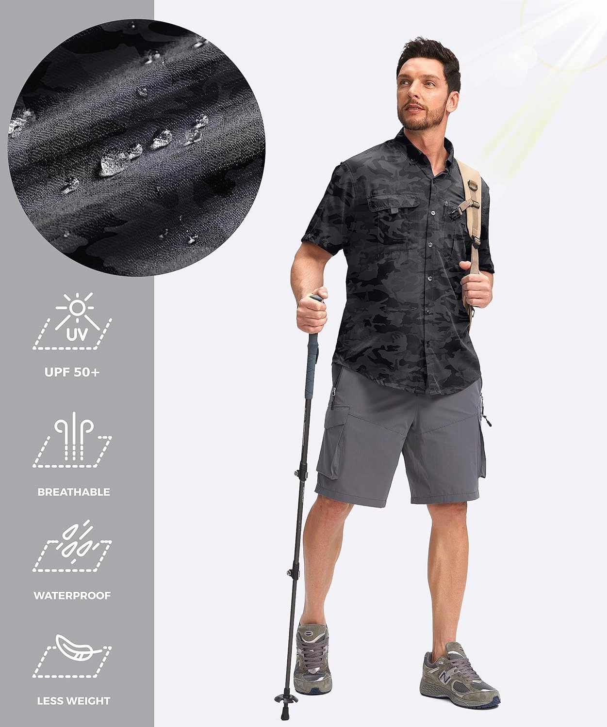 Pudolla Men's Fishing Shirts with Short Sleeves, Summer Travel Work Shirts, Button Down with UPF50  and Zipper Pockets