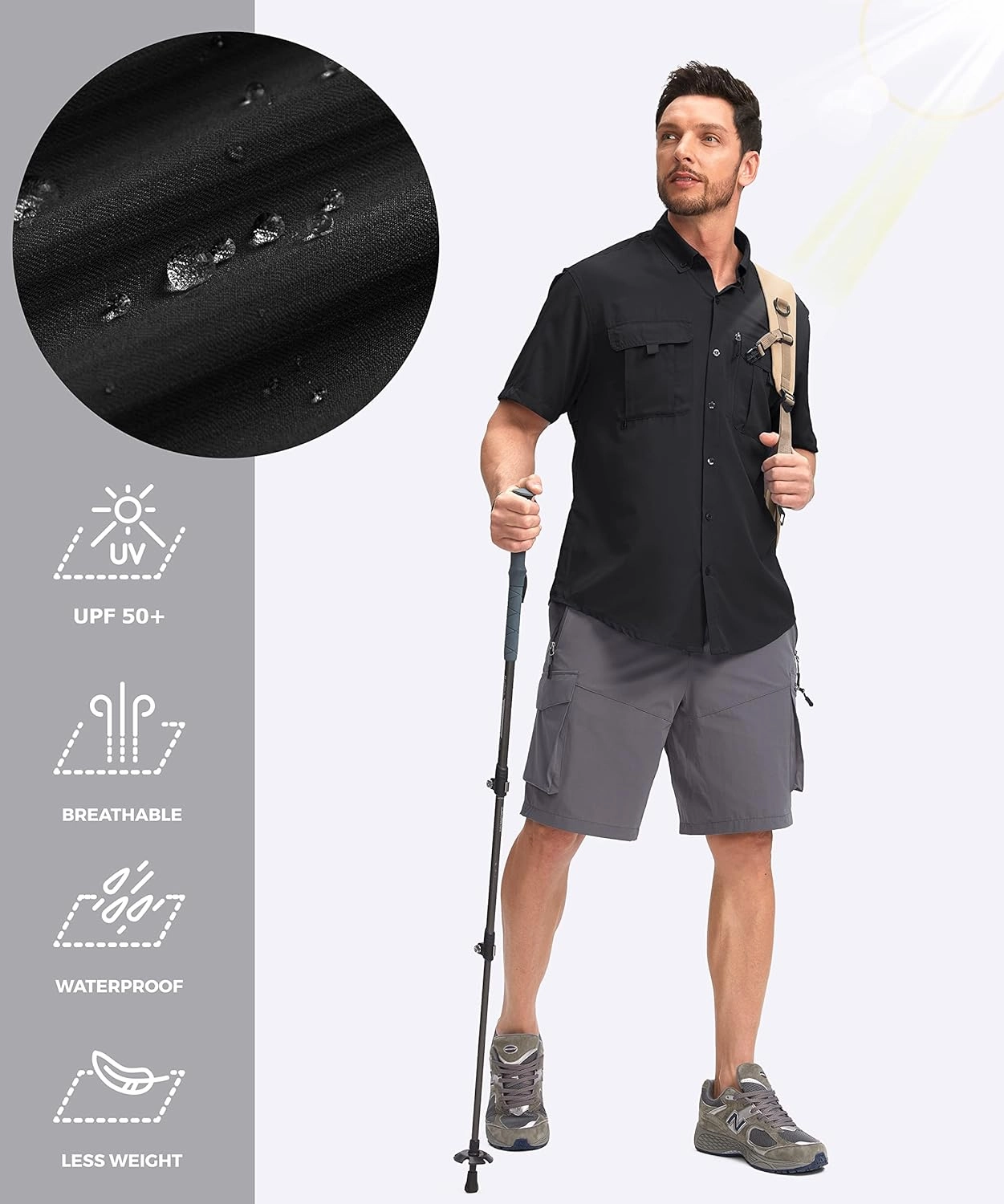 Pudolla Men's Fishing Shirts with Short Sleeves, Summer Travel Work Shirts, Button Down with UPF50  and Zipper Pockets