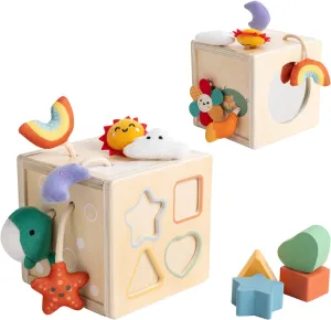 Pull String Activity Toy, Montessori Toys for Babies 6-12 Months, Wooden Activity Cube Baby Sensory Toys for 1 Year Old Boy Girl, Early Learning Baby Infant Toy 6 to 12 Months
