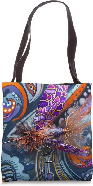 Purple Art Deco Paisley Dry Flies Stimulator Fly Fishing Tote Bag