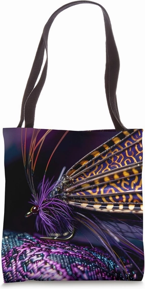 Purple Art Deco Paisley Dry Flies Stimulator Fly Fishing Tote Bag