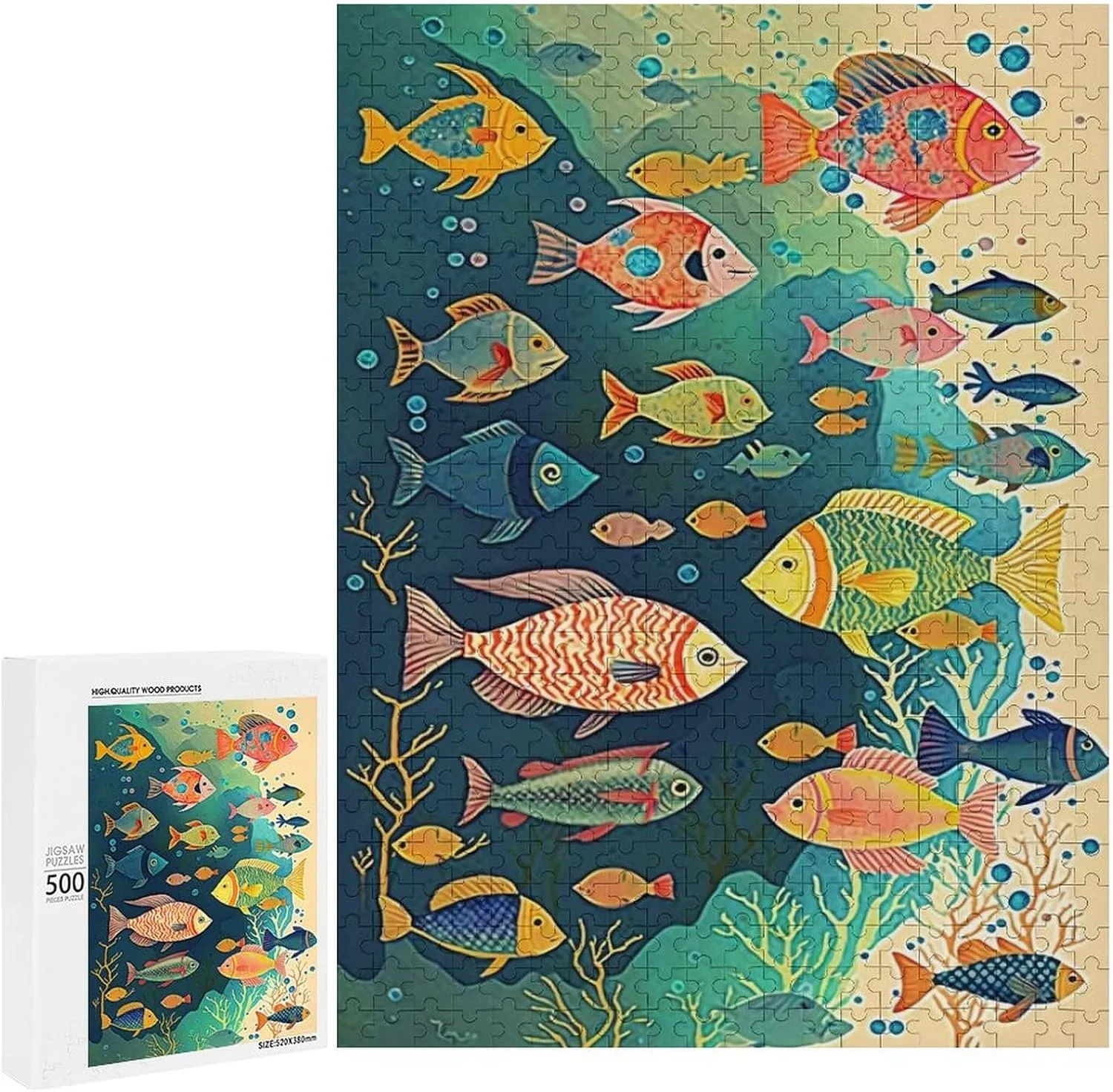 Puzzles for Adults 500 Pieces - Colorful Fish Retro Ocean Perfect Interlocking Clear Printing - Adults Educational Puzzle Ideal Gift - Display as Artwork Idea!