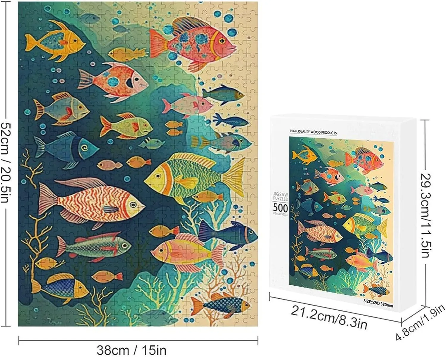 Puzzles for Adults 500 Pieces - Colorful Fish Retro Ocean Perfect Interlocking Clear Printing - Adults Educational Puzzle Ideal Gift - Display as Artwork Idea!