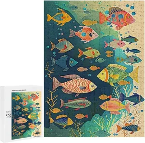 Puzzles for Adults 500 Pieces - Colorful Fish Retro Ocean Perfect Interlocking Clear Printing - Adults Educational Puzzle Ideal Gift - Display as Artwork Idea!