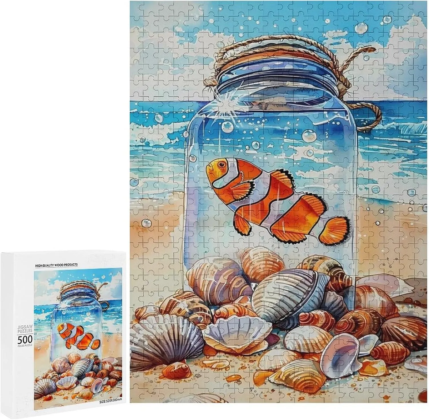 Puzzles for Adults 500 Pieces - Jar of Fish on The Beach Puzzle Challenging Educational Toys Puzzles Reduced Pressure Gift