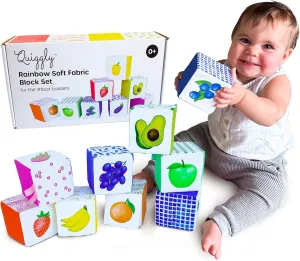 Quiggly Rainbow Soft Baby Blocks - 8 Colorful, Montessori Sensory Blocks for Babies & Toddlers- 100% Cotton, Non-Toxic Play Set with Rattle, Crinkle, Textures- Stacking Building Blocks for 3-12 Months