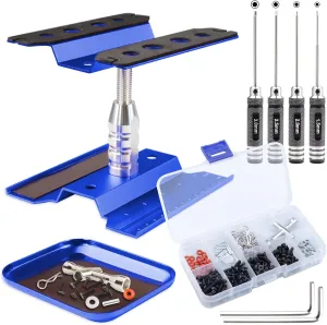 RC Car Stand RC Work Stand 360° Rotation RC Car Repair Workstation RC Hex Driver Tool Kit M3 Screws Box for 1/10 1/12 1/16 1/18 RC Car SC Truck Buggy Crawler (Blue)