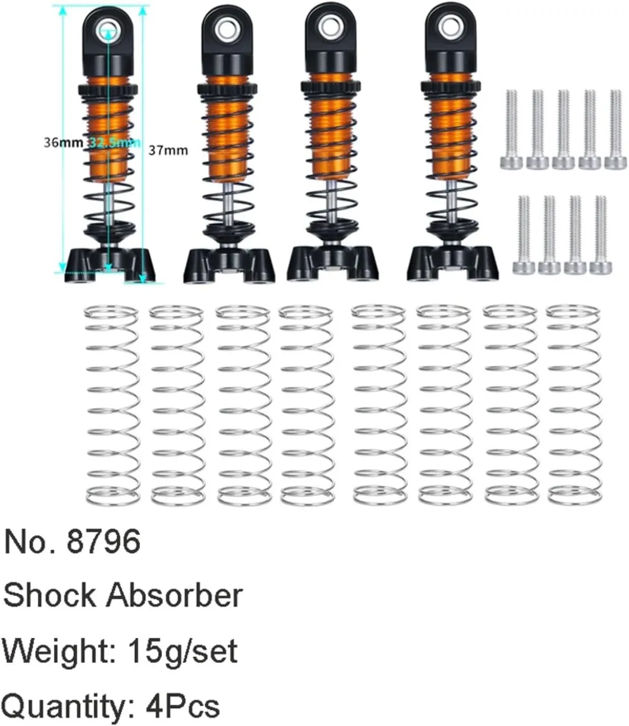 RC Car Upgrade Parts for Kyosho for Jimny 1/18 for Mini-Z 4×4 for Wrangler for 4Runner for Hilux 1/24 4Pcs RC Car 37/45mm Metal Adjustable Shock Absorber Damper(4Pcs 37mm)
