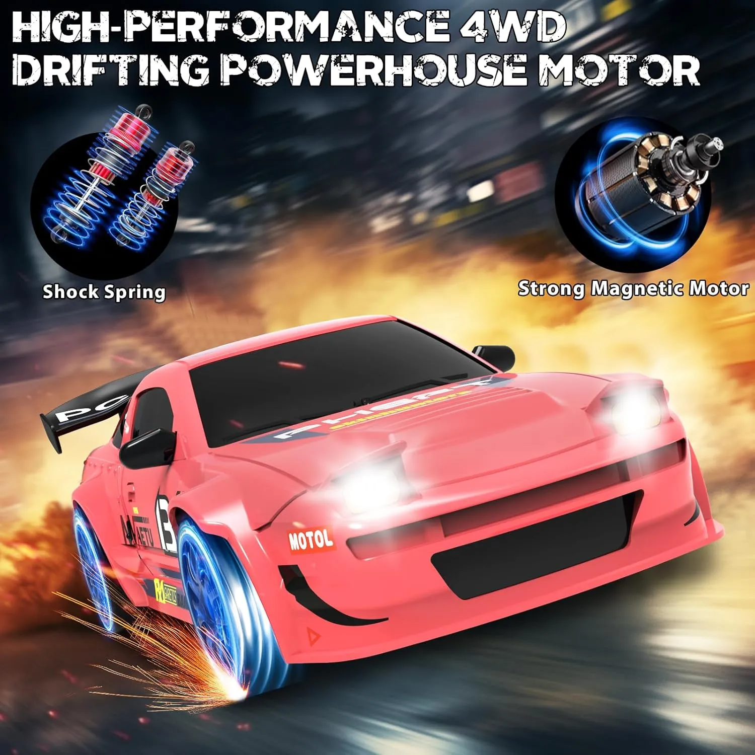 RC Drift Car, 1/24 Remote Control Car, 2.4Ghz 17KM/H High Speed RC Cars with LED Lights, Extra Tires, 2 Rechargeable Batteries, 4WD Racing Car Toys Christmas Birthday Gift for Kids Boys Girls Adults