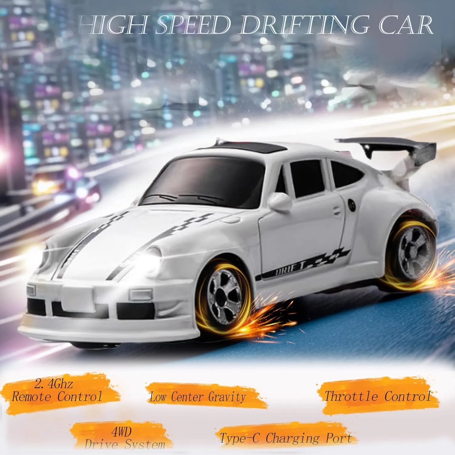 RC Drift Car, 1/64 Scale Mini Drift Cars, 2.4GHz Full Proportional RTR High Speed Remote Control Car, 4WD Fast RC Cars with Lights, Hobby Race Vehicle Toy Birthday Gift for Kids, Boys, Girls, Adults