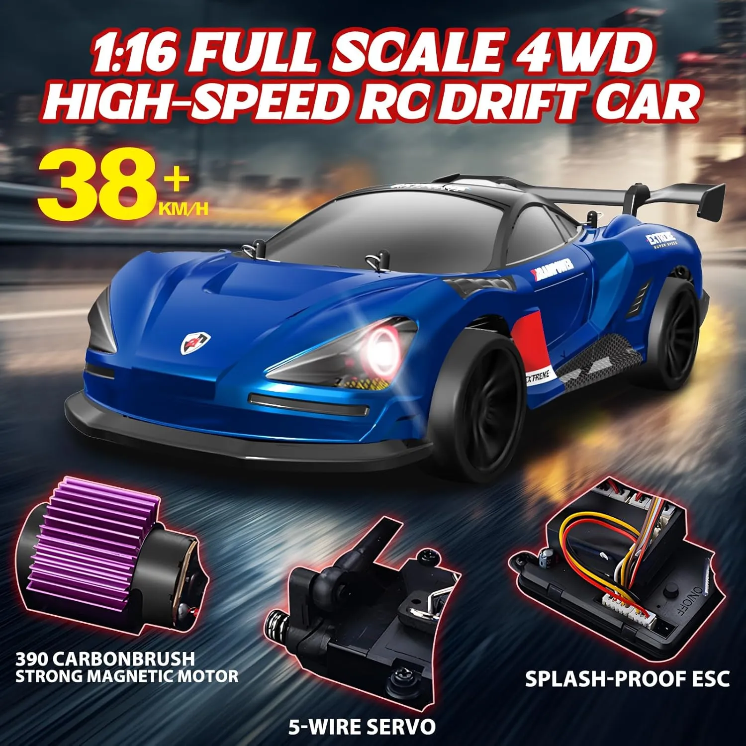 RC Drift Car Full Proportional RTR Remote Control1/16 Scale 38KM/H Fast 4WD RC Car 2.4Ghz with 6 Modes of Light 2Pcs Rechargeable Batteries Racing for Boys and Adults Gift