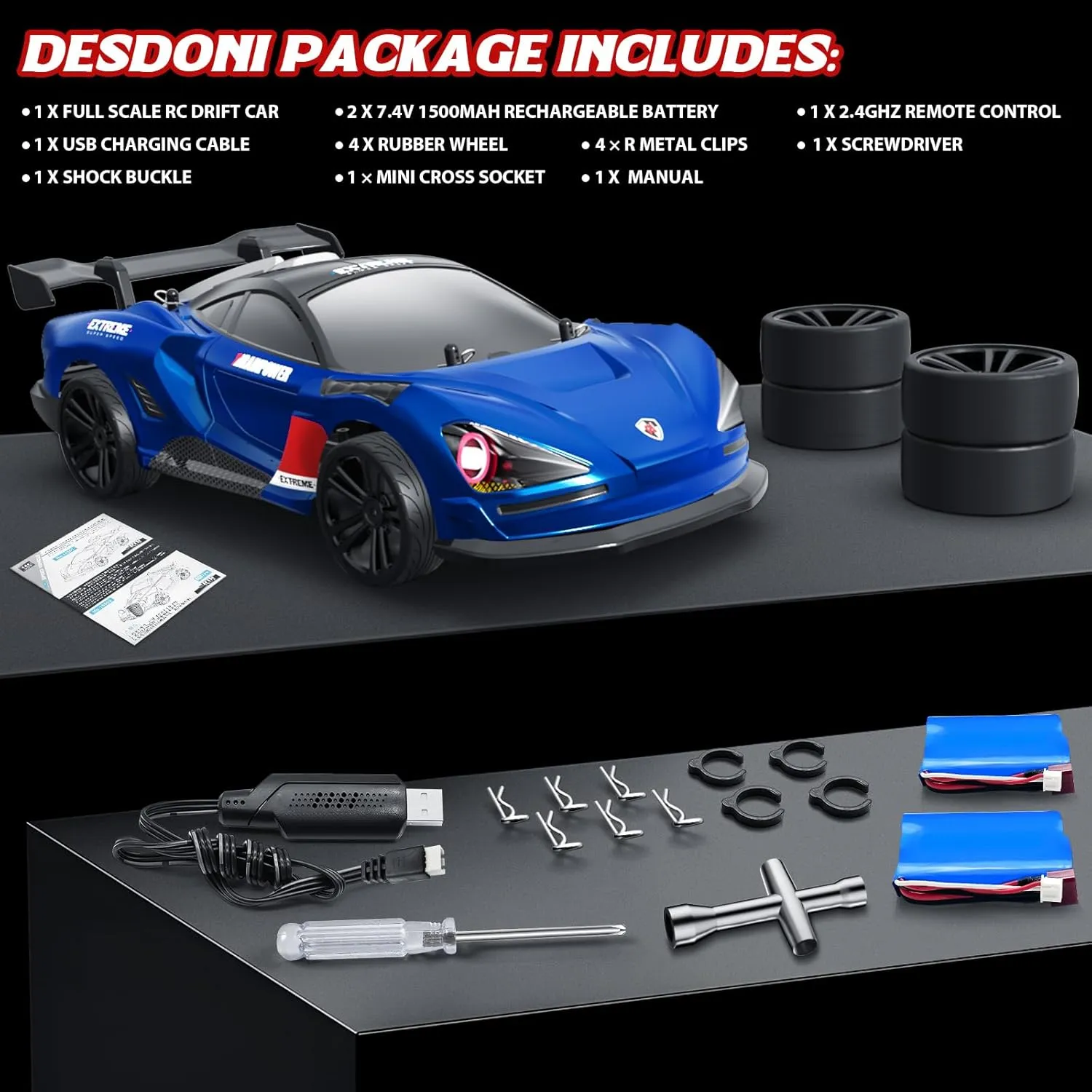 RC Drift Car Full Proportional RTR Remote Control1/16 Scale 38KM/H Fast 4WD RC Car 2.4Ghz with 6 Modes of Light 2Pcs Rechargeable Batteries Racing for Boys and Adults Gift