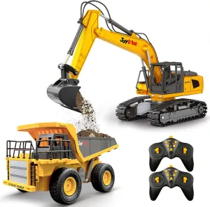 RC Excavator and Dump Truck Toy Set，2.4Ghz Metal Remote Control Construction Vehicle with Light&Sound, Best Christmas Toy for Boys 8 Year Old Kid