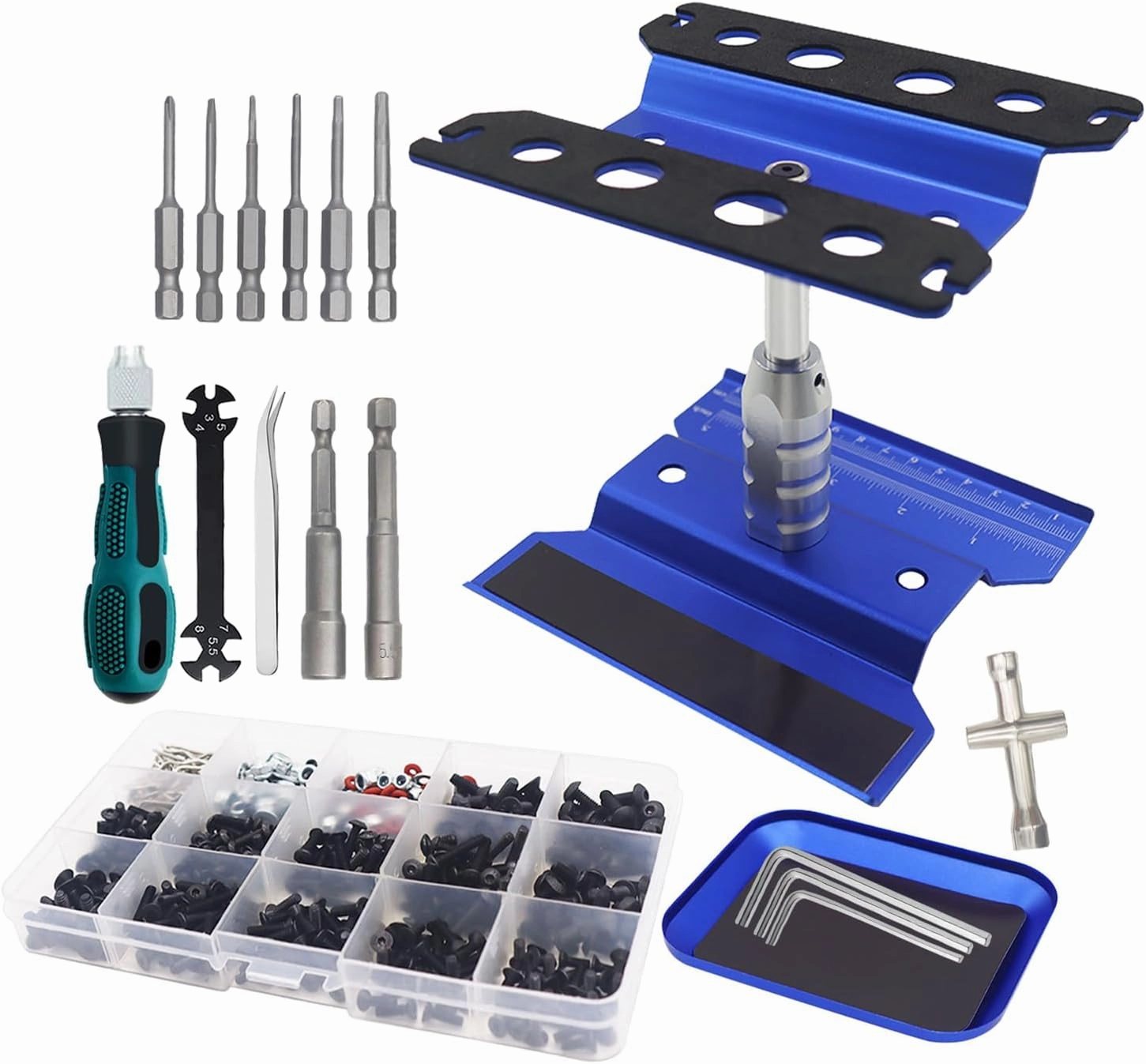 RC Stand and 520PCS RC Screws Kit & RC Screwdrivers and Screws Pallet Kit for 1/8 1/10 1/12 1/16 1/18 Scale Traxxas Redcat Arrma Axial RC4WD HSP HPI SCX10 Losi RC Crawler Truck Buggy(Navy Blue)