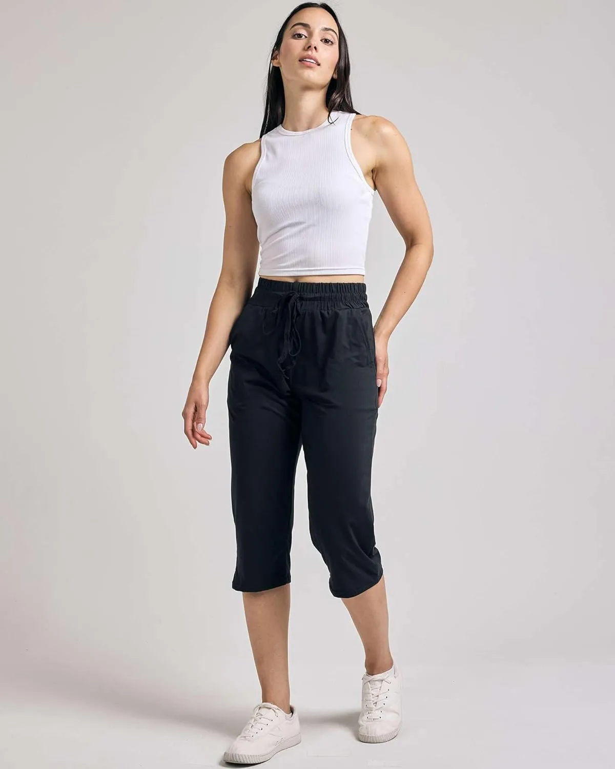 Real Essentials 3-Pack: Women's Capri Open Bottom Soft Sweatpants with Drawstring (Available in Plus Size)