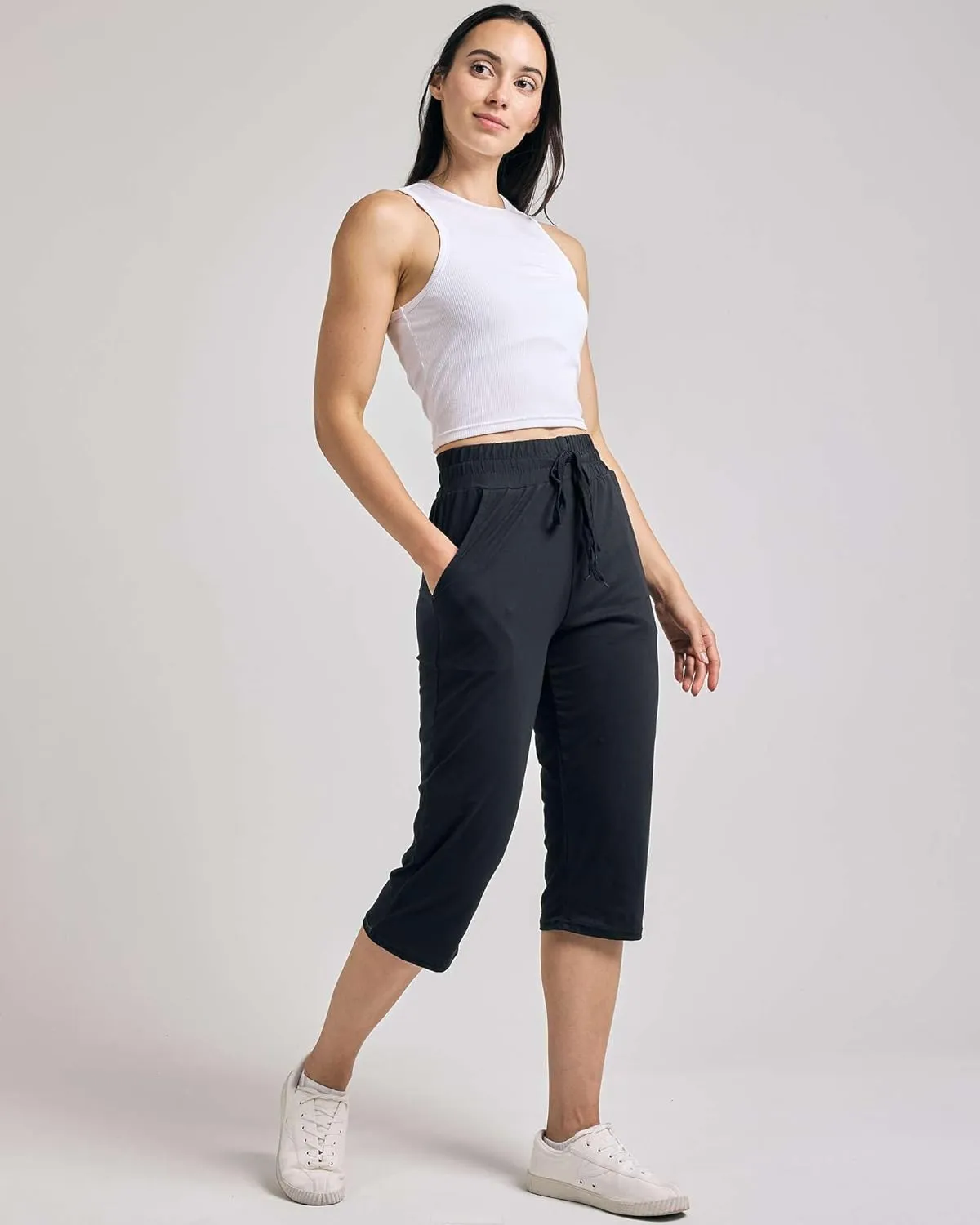 Real Essentials 3-Pack: Women's Capri Open Bottom Soft Sweatpants with Drawstring (Available in Plus Size)