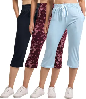Real Essentials 3-Pack: Women's Capri Open Bottom Soft Sweatpants with Drawstring (Available in Plus Size)