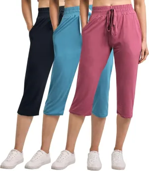 Real Essentials 3-Pack: Women's Capri Open Bottom Soft Sweatpants with Drawstring (Available in Plus Size)