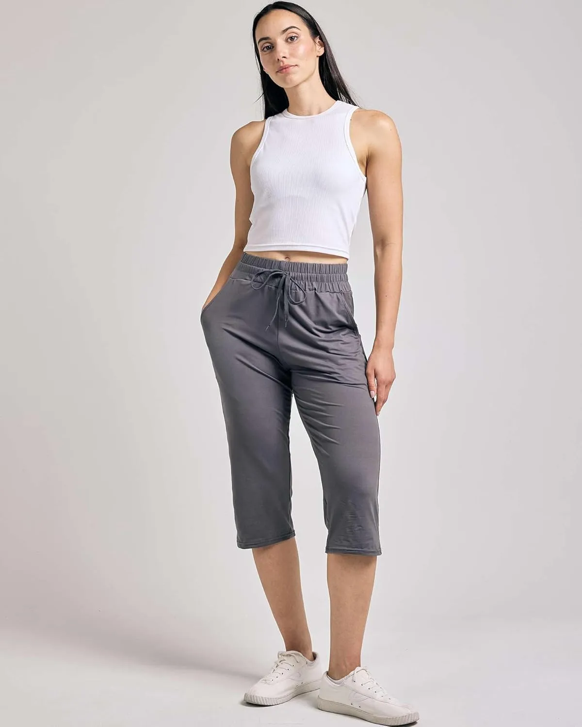 Real Essentials 3-Pack: Women's Capri Open Bottom Soft Sweatpants with Drawstring (Available in Plus Size)