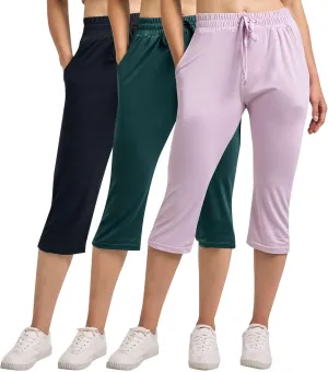 Real Essentials 3-Pack: Women's Capri Open Bottom Soft Sweatpants with Drawstring (Available in Plus Size)