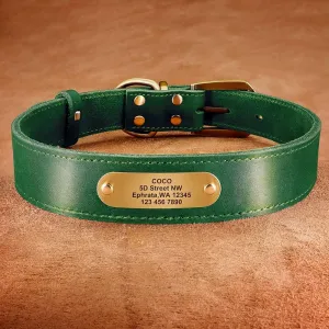 Real Leather Dog Collar Leash Set Personalized Genuine Leather Dog Pet Collars Leashes Custom for Small Medium Large Dog Pitbull Green Collar S