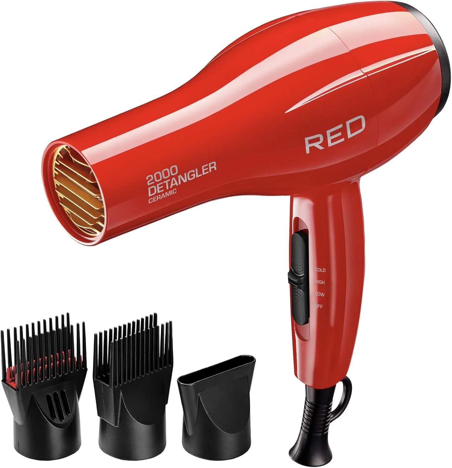 Red by Kiss 2000 Ceramic Hair Dryer, Professional Salon Blow Dryer 3 Attachments Included, 2 Detangler Piks, 1 Air Concentrator, Lightweight