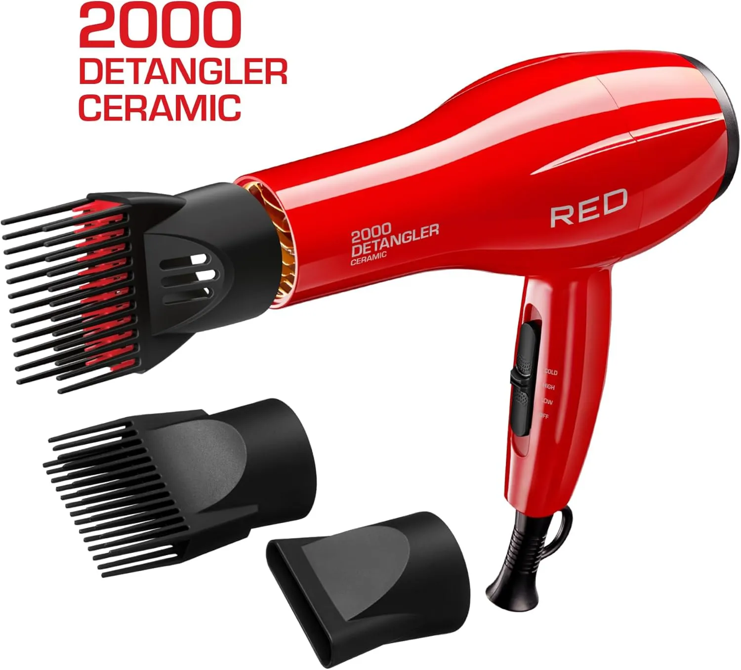 Red by Kiss 2000 Ceramic Hair Dryer, Professional Salon Blow Dryer 3 Attachments Included, 2 Detangler Piks, 1 Air Concentrator, Lightweight