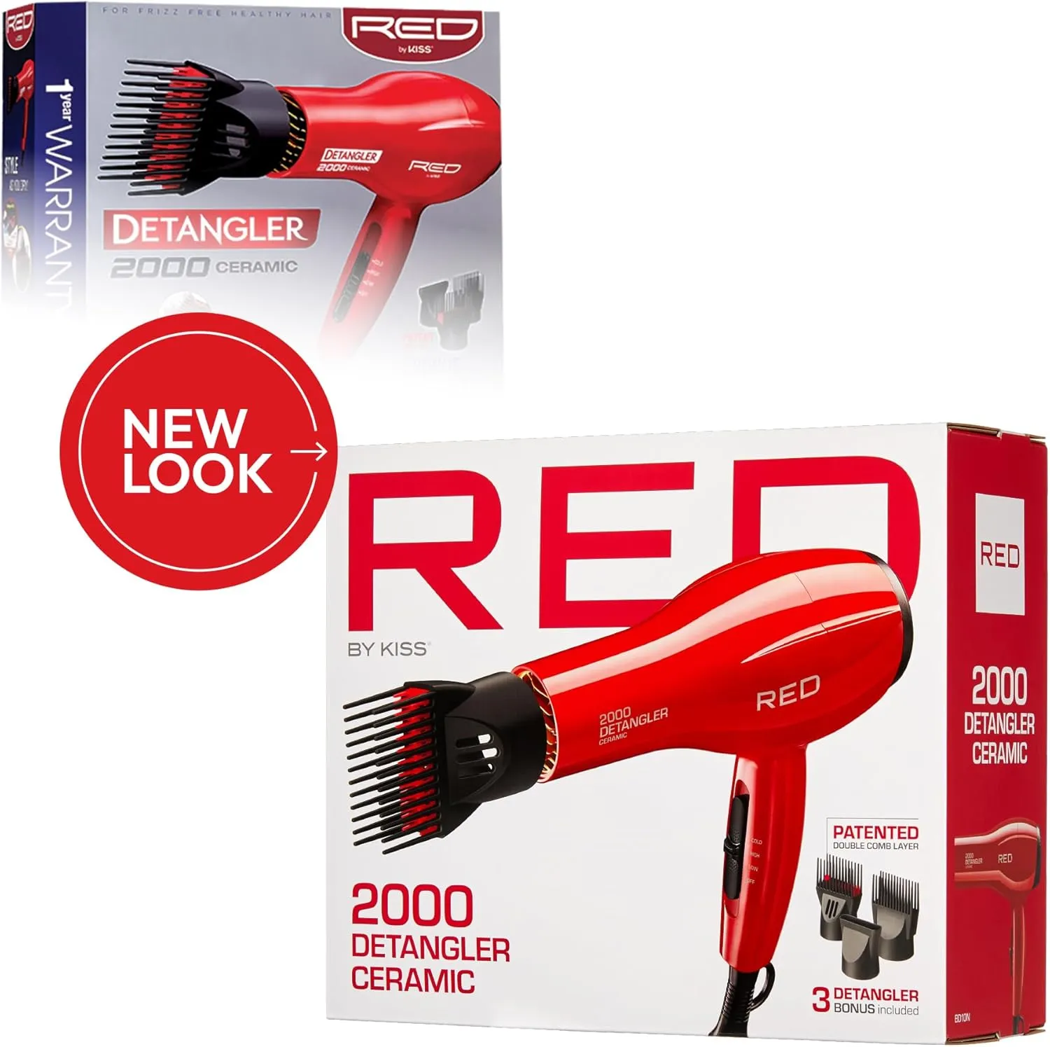 Red by Kiss 2000 Ceramic Hair Dryer, Professional Salon Blow Dryer 3 Attachments Included, 2 Detangler Piks, 1 Air Concentrator, Lightweight