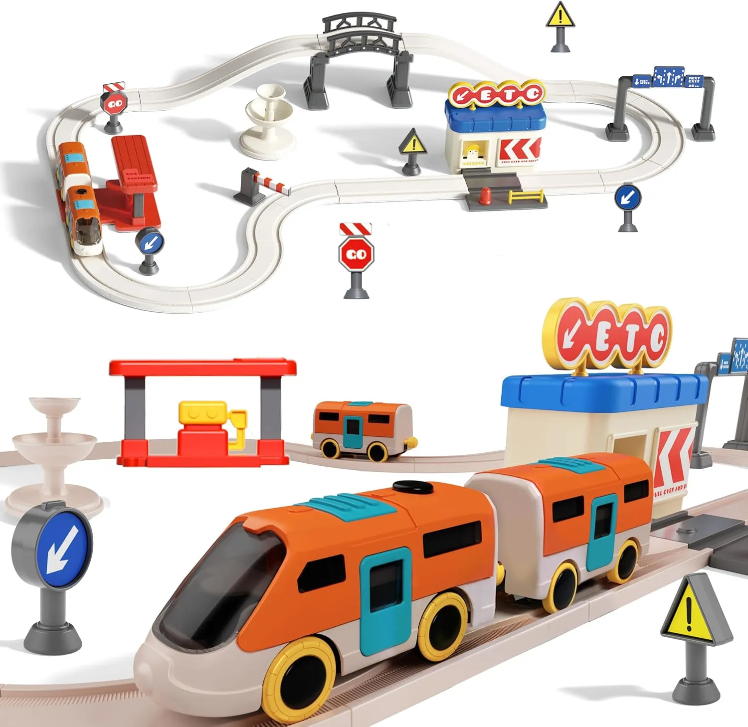 RedCrab Train Set for Toddlers, 35PCS Train Toys with 2 Electric Trains Highway Toll Gas Station, Kids Train Set for Aged 3 4 5 6 7 8  Boys Girls Birthday Christmas Children's Day Gift