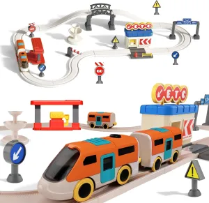 RedCrab Train Set for Toddlers, 35PCS Train Toys with 2 Electric Trains Highway Toll Gas Station, Kids Train Set for Aged 3 4 5 6 7 8  Boys Girls Birthday Christmas Children's Day Gift