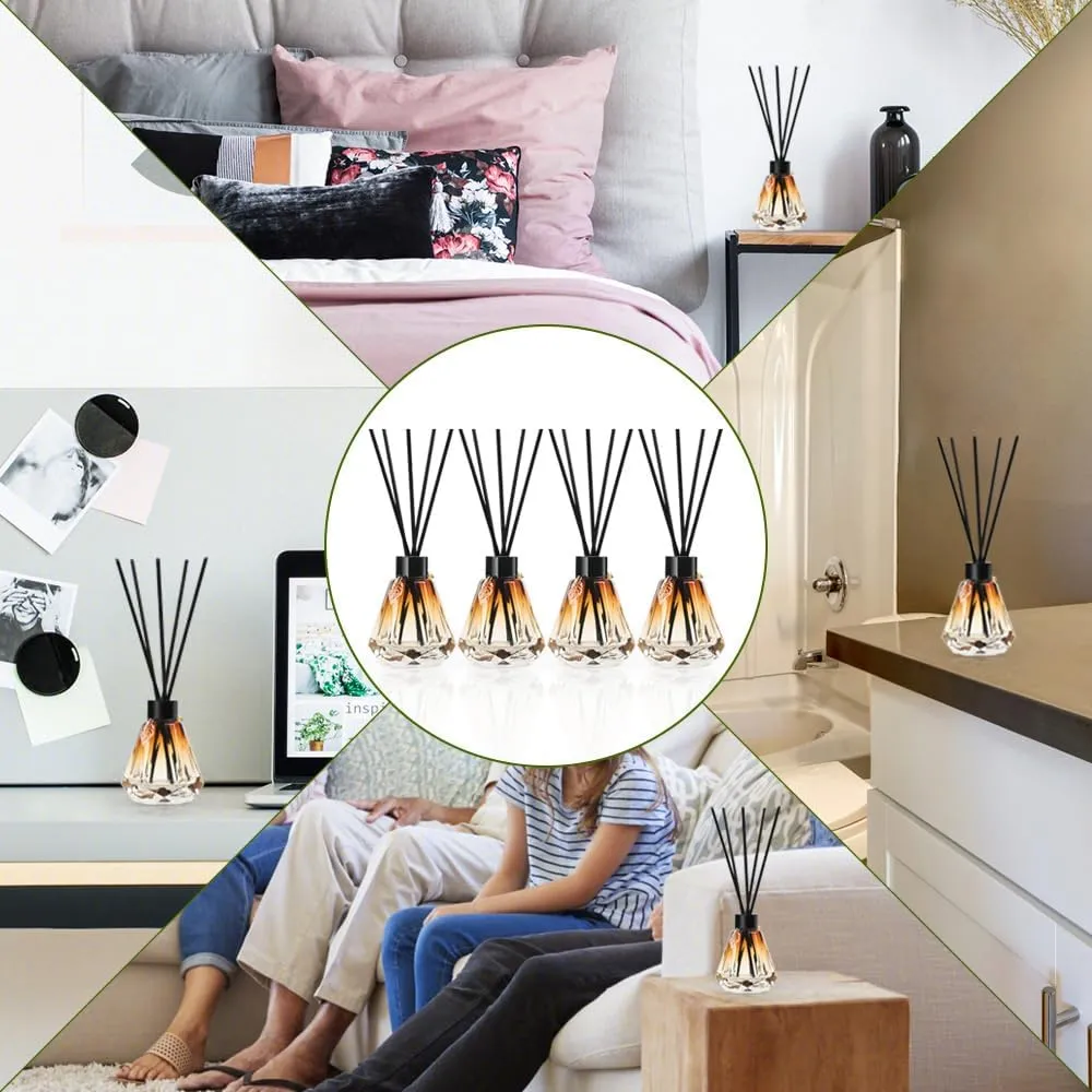 Reed Diffuser Set - 4 Empty Bottles With 20 Sticks, Delicate Gold Leaf Decor, Glass Fragrance Diffuser With Lids for Home, Bathroom | Refillable, Diamond Style Black