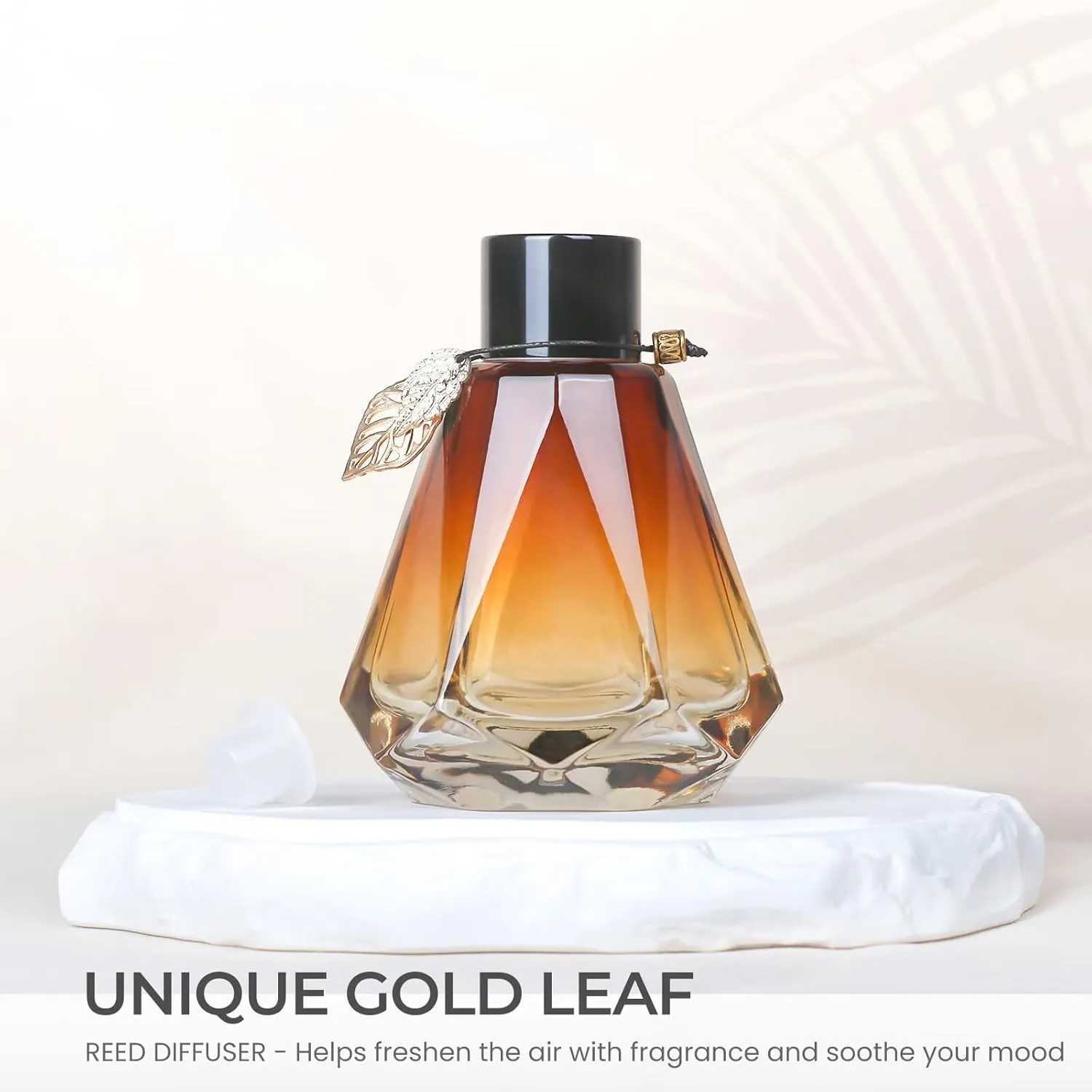 Reed Diffuser Set - 4 Empty Bottles With 20 Sticks, Delicate Gold Leaf Decor, Glass Fragrance Diffuser With Lids for Home, Bathroom | Refillable, Diamond Style Black