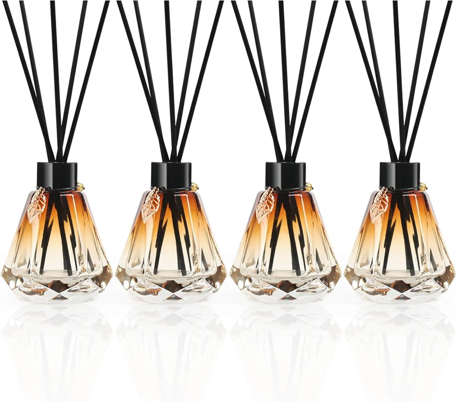 Reed Diffuser Set - 4 Empty Bottles With 20 Sticks, Delicate Gold Leaf Decor, Glass Fragrance Diffuser With Lids for Home, Bathroom | Refillable, Diamond Style Black