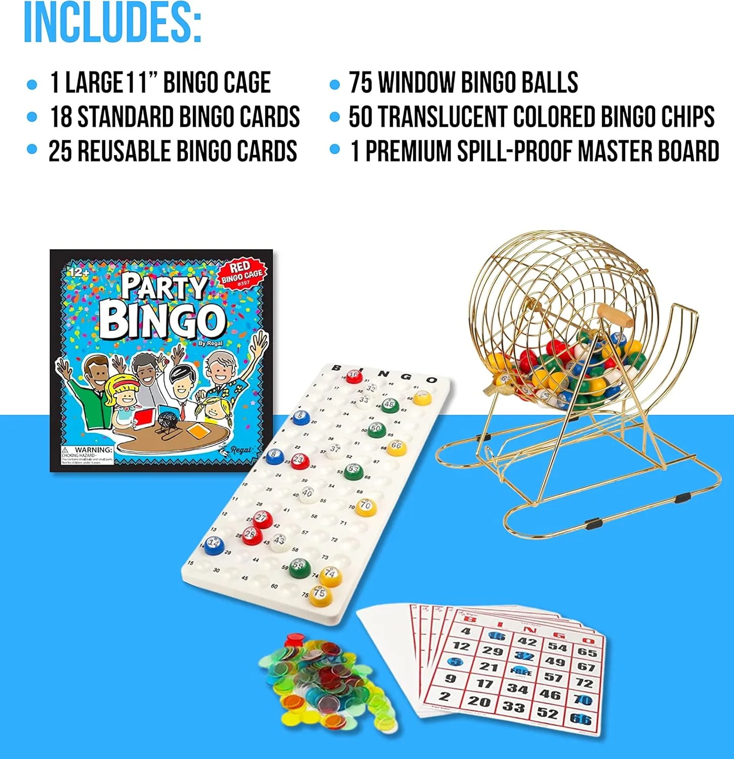 Regal Bingo Professional Bingo Game Set with 11" Wheel Cage, 75 Bingo Balls, Master Board, 18 Bingo Cards & 25 Jumbo Reusable Cards, and Colorful Chips - Bingo Games for Adults Large Group - Gold