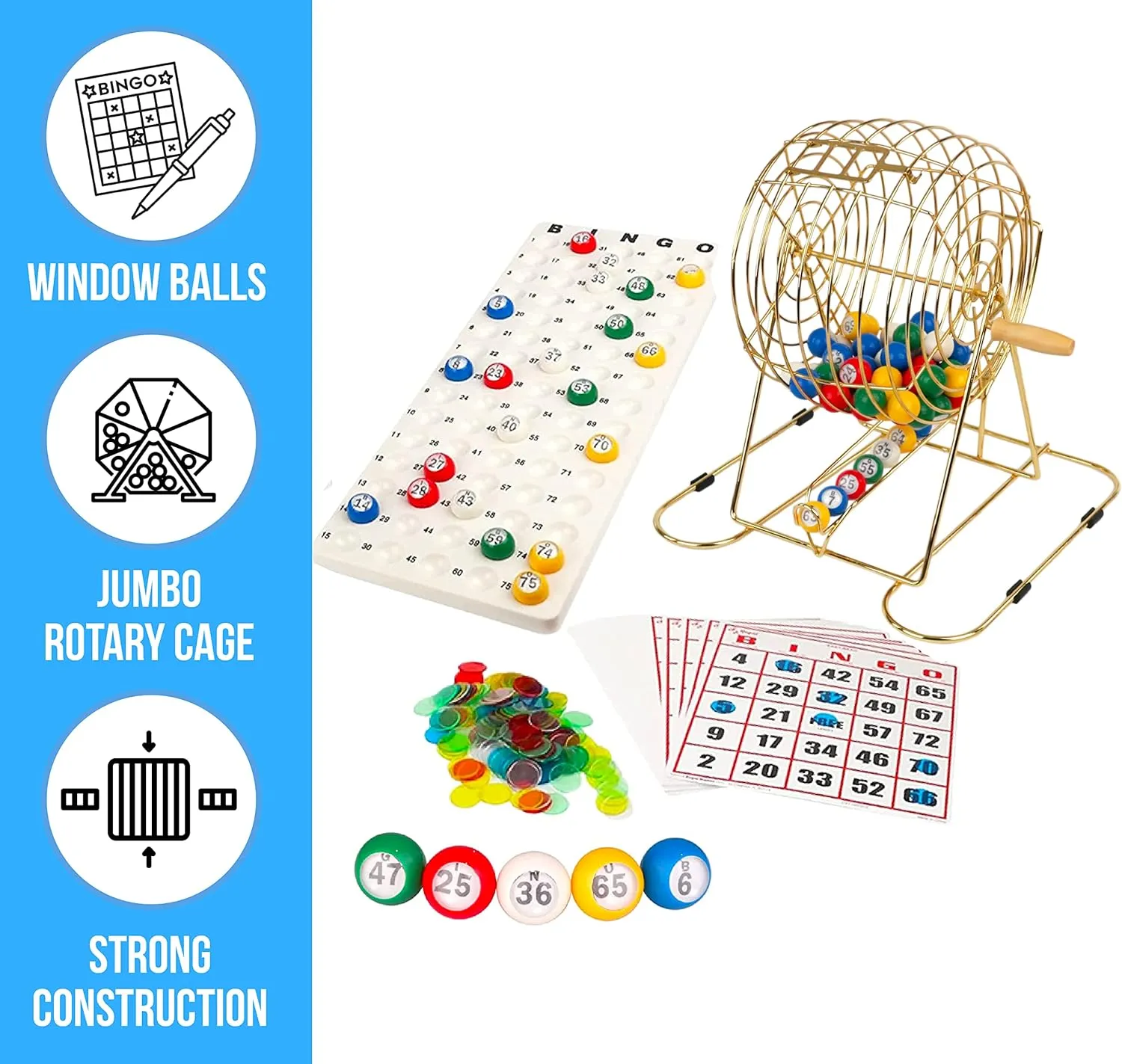 Regal Bingo Professional Bingo Game Set with 11" Wheel Cage, 75 Bingo Balls, Master Board, 18 Bingo Cards & 25 Jumbo Reusable Cards, and Colorful Chips - Bingo Games for Adults Large Group - Gold