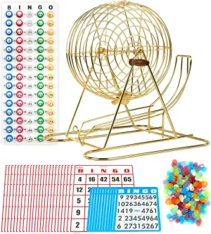 Regal Bingo Professional Bingo Game Set with 11" Wheel Cage, 75 Bingo Balls, Master Board, 18 Bingo Cards & 25 Jumbo Reusable Cards, and Colorful Chips - Bingo Games for Adults Large Group - Gold