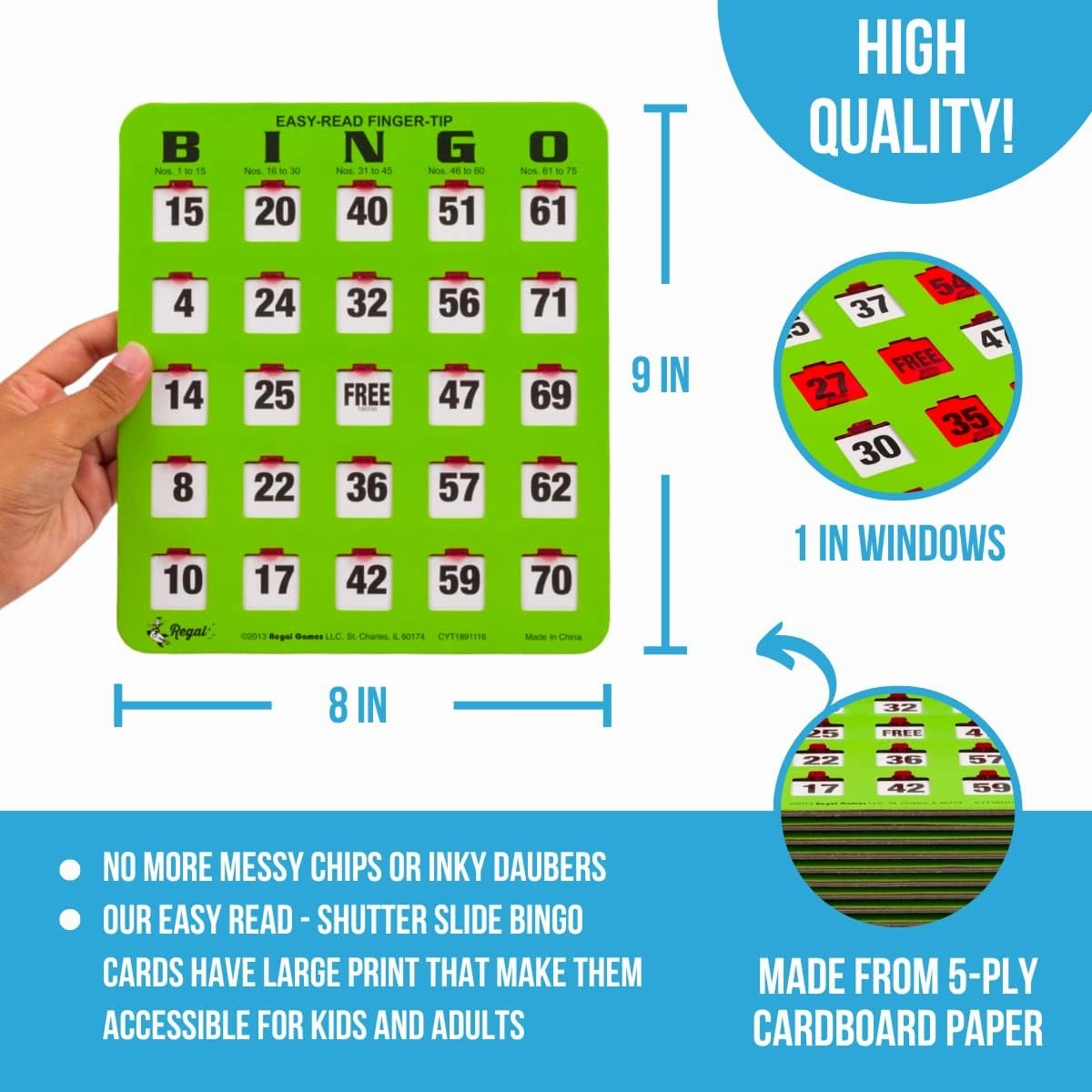 Regal Bingo 50 Bingo Cards with Sliding Windows, Bingo Calling Cards Deck & Master Board Bulk Kit - Reusable Large Print Bingo Game Set for Adults & Seniors Large Group - (Jumbo, Green)