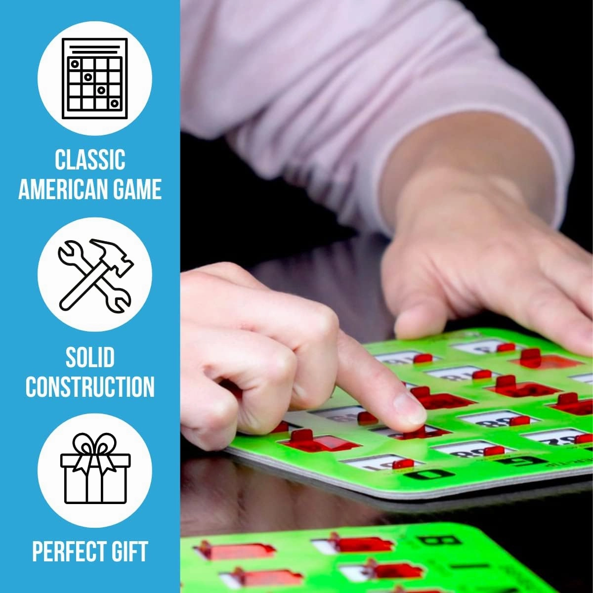 Regal Bingo 50 Bingo Cards with Sliding Windows, Bingo Calling Cards Deck & Master Board Bulk Kit - Reusable Large Print Bingo Game Set for Adults & Seniors Large Group - (Jumbo, Green)