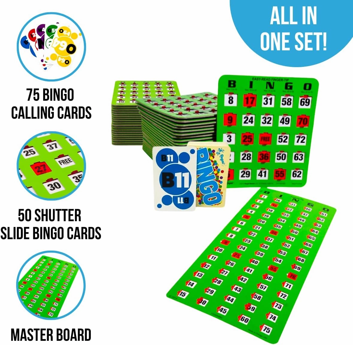 Regal Bingo 50 Bingo Cards with Sliding Windows, Bingo Calling Cards Deck & Master Board Bulk Kit - Reusable Large Print Bingo Game Set for Adults & Seniors Large Group - (Jumbo, Green)