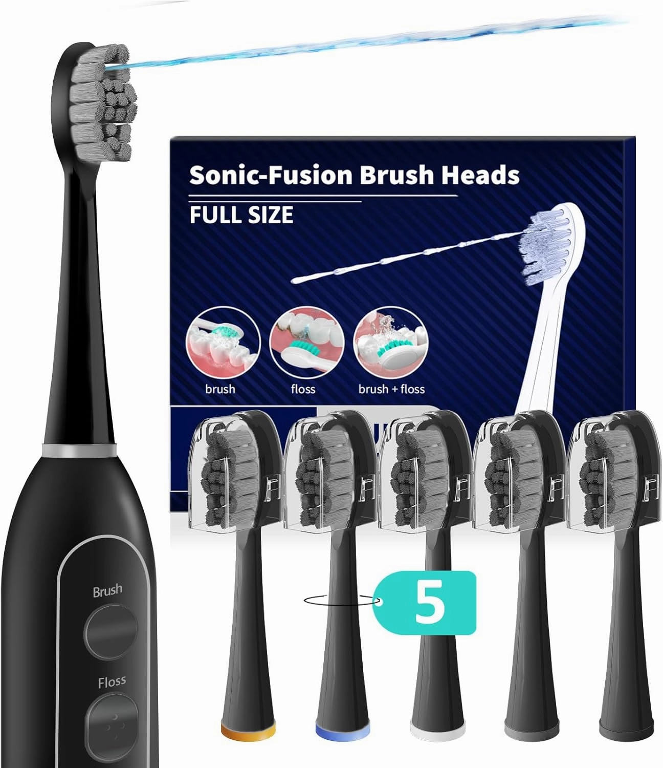 Replacement Heads for Waterpik Sonic Fusion 2.0, Extra-Large Size Flossing Toothbrush Head fit for Water pik SF-01 SF-02 SF-03 SF-04 (Black, 5 Count)