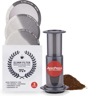 Reusable Filter Set by Slimm Filter - 3 Piece, Stainless Steel Metal - Mesh, Fine, Ultra-Fine Metal Filter For AeroPress Coffee and Espresso Maker - Brew Barista-Grade Coffee At Home
